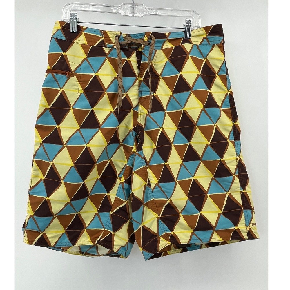 Patagonia Board Shorts Mens 33 Blue Brown Geometric Triangle Print Swim Trunks